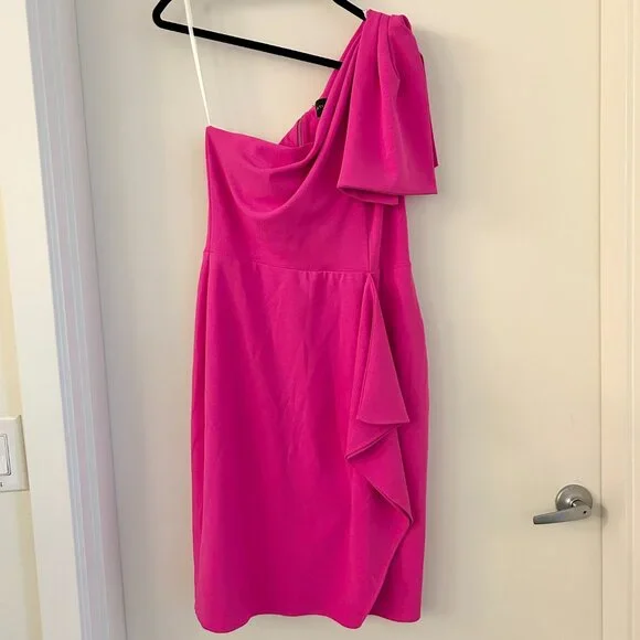 betsy and adam hot pink dress Prom Dress Betsy And Adam Pink Dress Straight-Neck Long Tiered Prom Dress With Sheer Waist